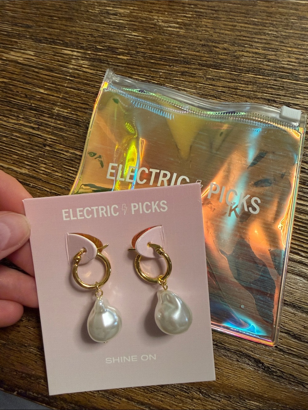 Electric Picks - 14k Gold Hoop Earrings with White Pearl Drops